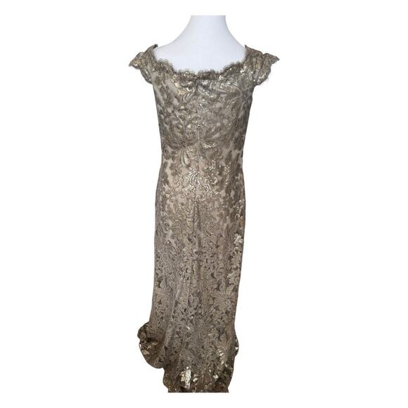 Tadashi Shoji Size 6 Paillette Embroidered Lace Gown Off Shoulder Champagne - Picture 4 of 14